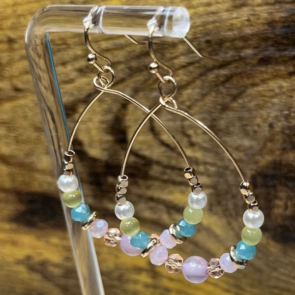 Multicolor Beaded Rose Gold Dangling Earrings - Picture 3 of 6